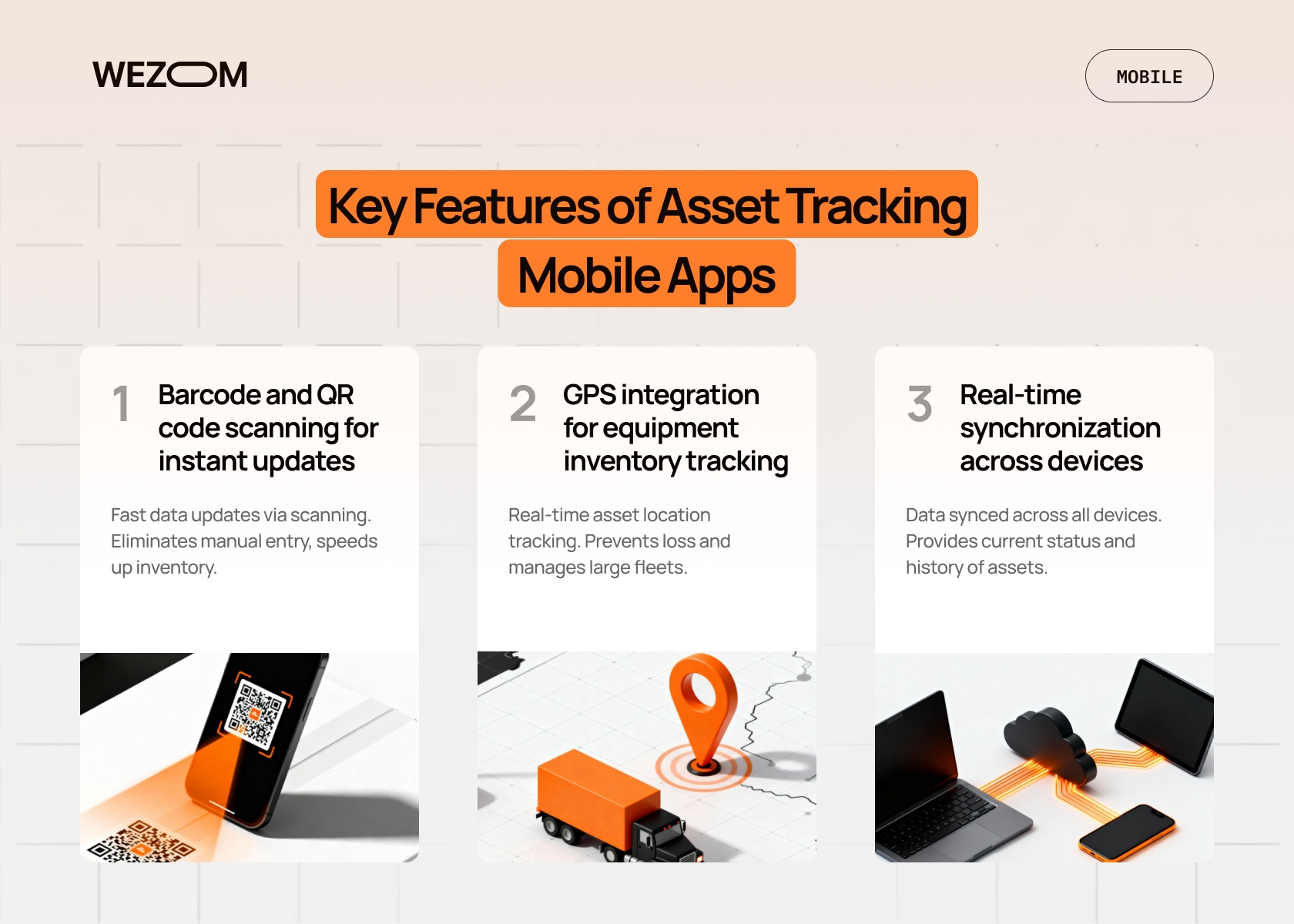 Key features of asset tracking mobile app showing barcode scanning, GPS inventory tracking, and real-time device synchronization